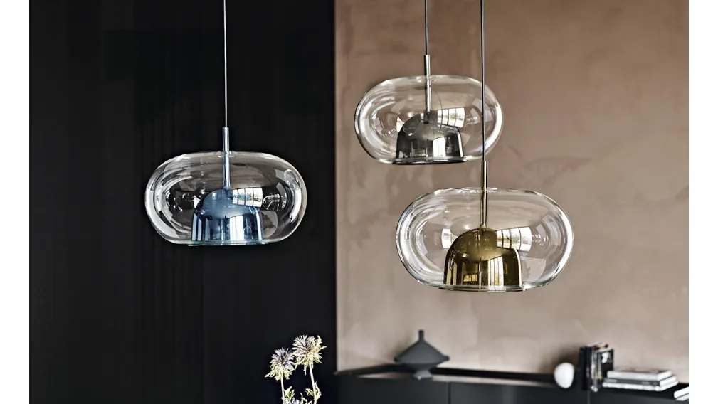 Lampada a sospensione con paralume in vetro borosilicato trasparente e calotta interna in vetro borosilicato verniciato Coimbra di Cattelan Italia