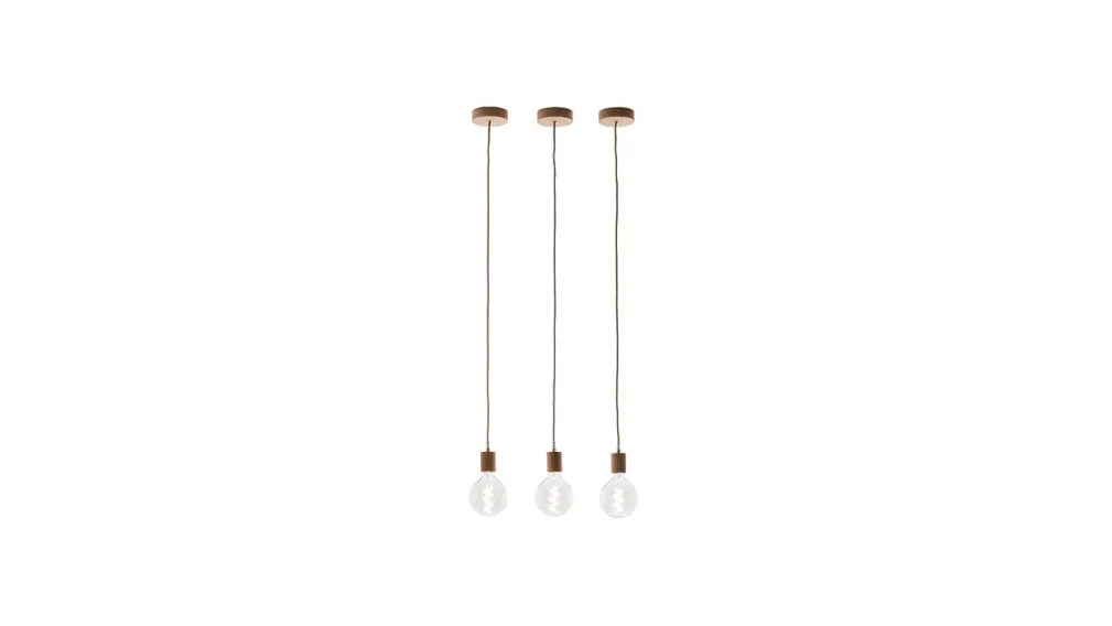 Lampada a sospensione con elementi in legno e cavi ricoperti in corda Ready Wood di Caos Creativo by Rossi&Co
