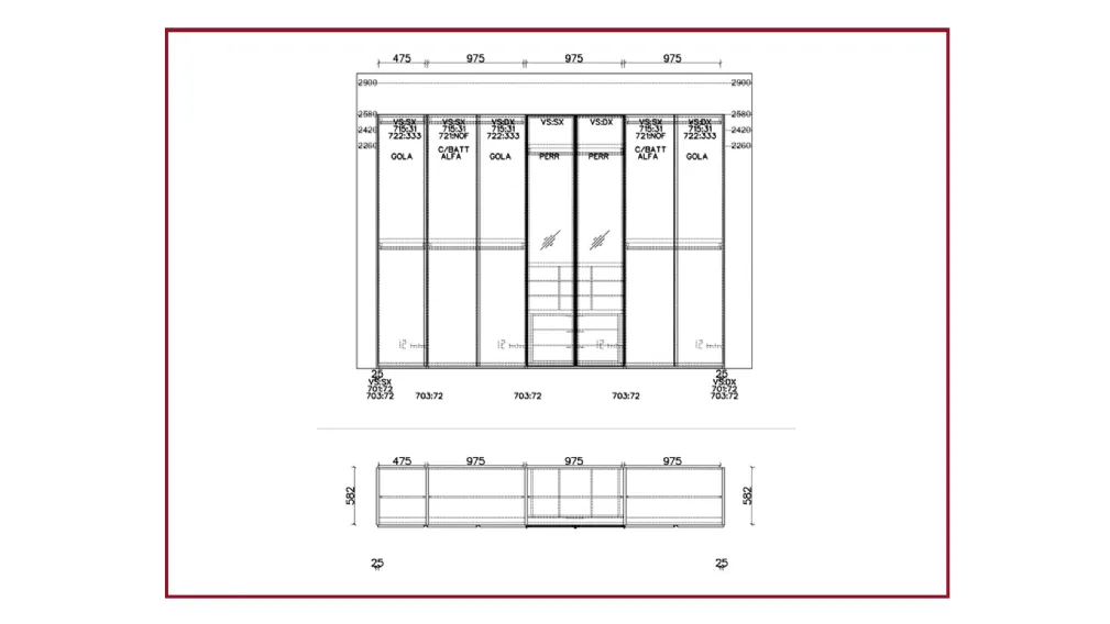 Scheda informativa del prodotto Linee contemporanee e particolari ricercati definiscono la zona notte in un equilibrato dialogo di forme e materiali. Armadio dotato di luci led e cassettiera interna con 2 ante a vetro fumè.  MISURE: L 340 CM P 58,2 CM H 2