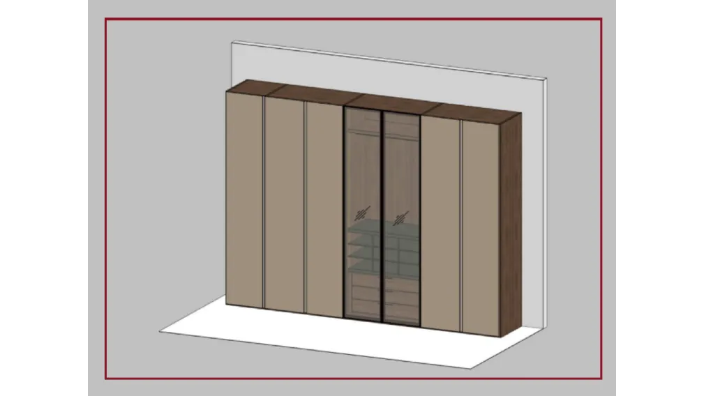 Scheda informativa del prodotto Linee contemporanee e particolari ricercati definiscono la zona notte in un equilibrato dialogo di forme e materiali. Armadio dotato di luci led e cassettiera interna con 2 ante a vetro fumè.  MISURE: L 340 CM P 58,2 CM H 2