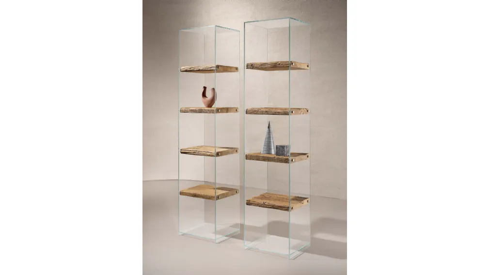 Libreria Frost con struttura in vetro trasparente e ripiani in legno Secolare naturale di Nature Design