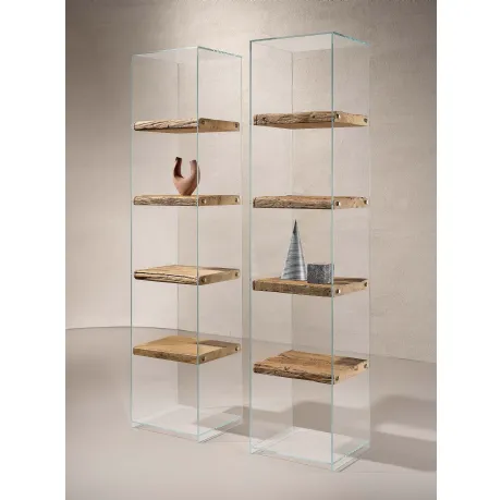 Libreria Frost con struttura in vetro trasparente e ripiani in legno Secolare naturale di Nature Design