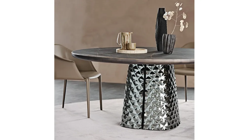 Tavolo con base in cristallo specchiato e piano in ceramica Atrium Keramik Premium Round di Cattelan Italia