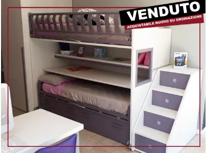  Scheda informativa del prodotto cameretta moretti compact struttura betulla e frontali col.mora-63.  composizione sviluppata con cabina square sx accessoriata con ripiani, tubi e plafoniera con sensore.libreria sx iron accostata alla cabina.  sistema let