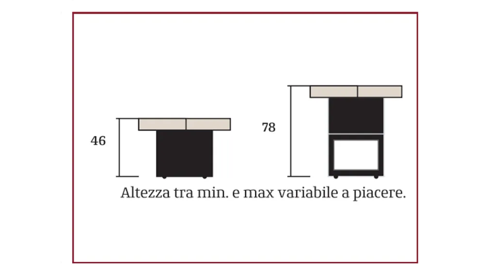 Piano e bordo in legno impiallacciato sia nella gamma di colori proposti dall’azienda sia in colori e legni a preferenza del cliente, anche in tinte RAL.  I meccanismi, di creazione dell’azienda, sono tutti in alluminio.  L’alzata del tavolo avviene elett