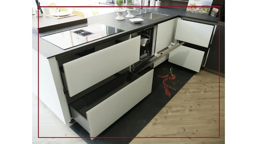 cucina arredo3 modello glass2.0 con piano snack in vetro legno melaminico elettrodomestici completi casarredo caiazzo taranto saldi outlet san giorgio ionico promozioni cucine moderne