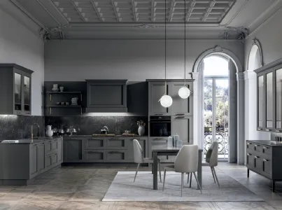 Cucina Classica angolare in laccato opaco Grigio e top in laminam Nero Greco Meg di Arredo3