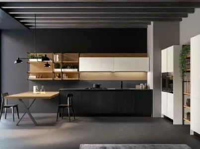 Cucina Moderna lineare Asia in laccato poro aperto Bianco e Nero opaco con top HPL Fenix Nero di Arredo3