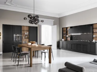 Cucina Moderna lineare in laccato poro aperto Nero e finitura Noce America Frida Modern di Arredo3