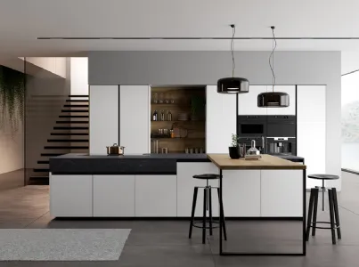Cucina Moderna Glass 2 0 in vetro opaco bianco puro con penisola in laminato Noce Imperial di Arredo3