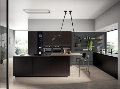 Cucina Moderna con isola in vetro opaco Caffè e penisola in impiallacciato Rovere safari Glass 2 0 di Arredo3
