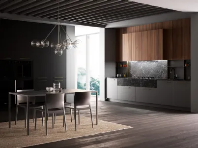 Cucina Moderna Kalì in laccato Lavagna opaco e laminato Noce America con top e schienali in laminato Pietra nera di Arredo3