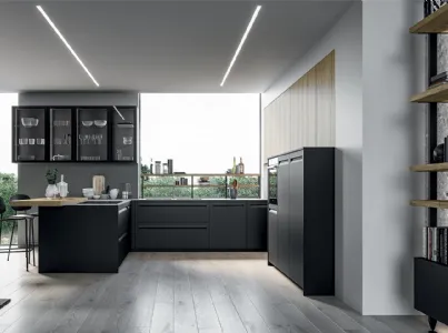 Cucina Moderna angolare Tekna in polimerico Nero opaco e laminato Rovere biondo di Arredo3