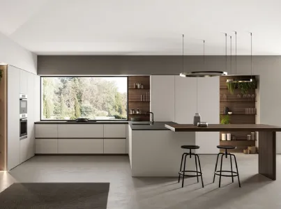 Cucina Moderna angolare laccato opaco Nebbia con penisola in Eucalipto Noce Time di Arredo3
