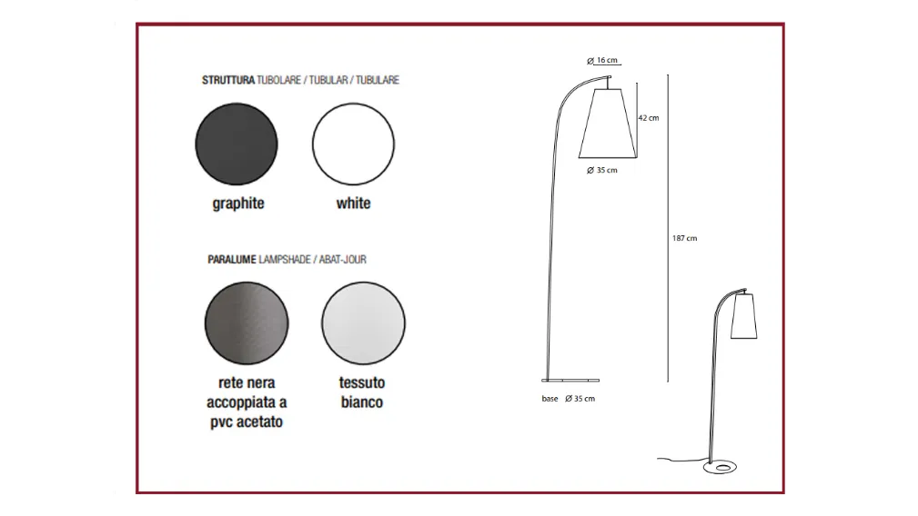 COBE è la lampada da terra con struttura in metallo, disponibile nei colori bianco o nero grafite. Il paralume in tessuto bianco o in rete nera accoppiata a pvc acetato sdrammatizzano la lampada che illumina con riverenza le zone comfort.  FINITURE: STRUT