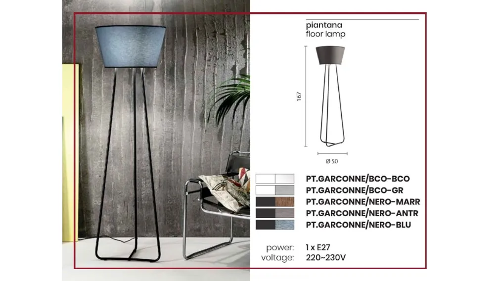 Con la collezione ONDALUCE l'azienda italiana Ciciriello Group offre diverse soluzioni per l'illuminazione di qualsiasi tipo di ambiente puntando sulla qualità e sul prezzo.   La piantana GARCONNE é realizzata interamente in metallo verniciato con paralum