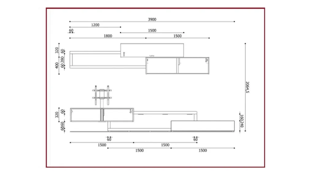 Scheda informativa del prodotto Parete attrezzata SAN GIACOMO composta da mensoloni in legno rovere caramello spessore 6cm. Base sospesa in Rovere caramello con sistema porta tv girevole, con canalina interna passacavi. Base a terra e pensili in finitura 