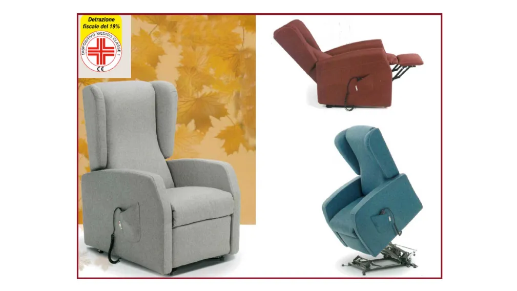 Poltrona Relax 100% Made in Italy. Completa di due motori che permettono movimenti indipendenti di schienale e poggiapiedi, per una perfetta regolazione del confort di seduta. Completa di movimento Lift alzapersona. Parzialmente sfoderabile. Reclinazione 