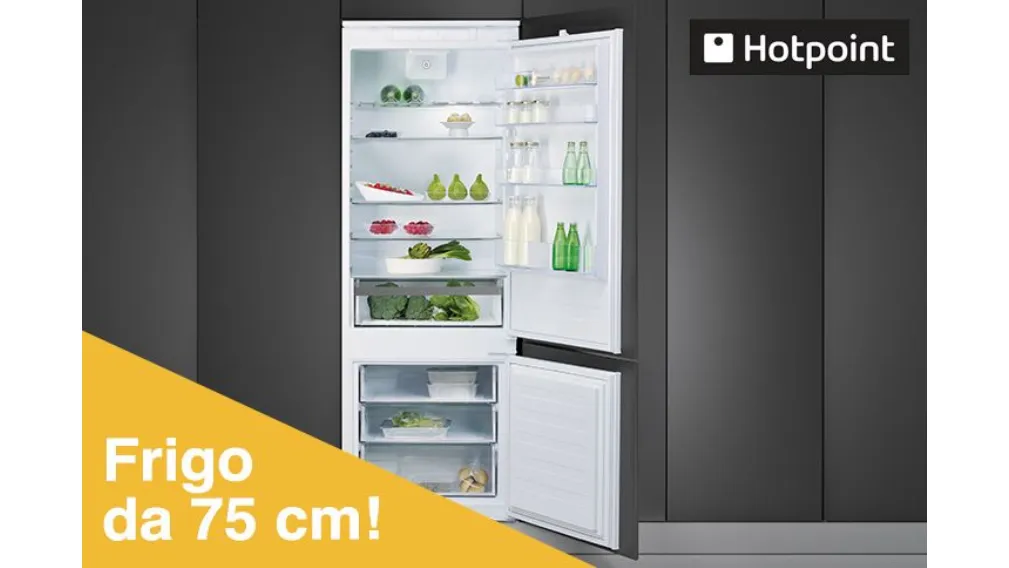 Più spazio frigorifero 75cm Spazio extra o freschezza?  Adesso puoi avere tutto grazie al nuovo combinato Hotpoint, progettato per adattarsi facilmente a una nicchia da 75 cm e quindi in grado di integrarsi comodamente nella tua cucina, offrendo fino al 4
